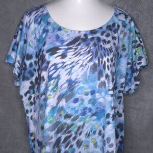 Apt. 9 Womens Top 2X Blue Abstract Print Short Sleeve Blouse Casual Pullover